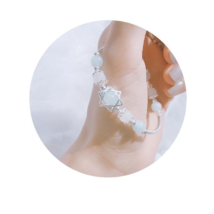Lắc tay bạc đính ngôi sao bọc đá aquamarine tự nhiên